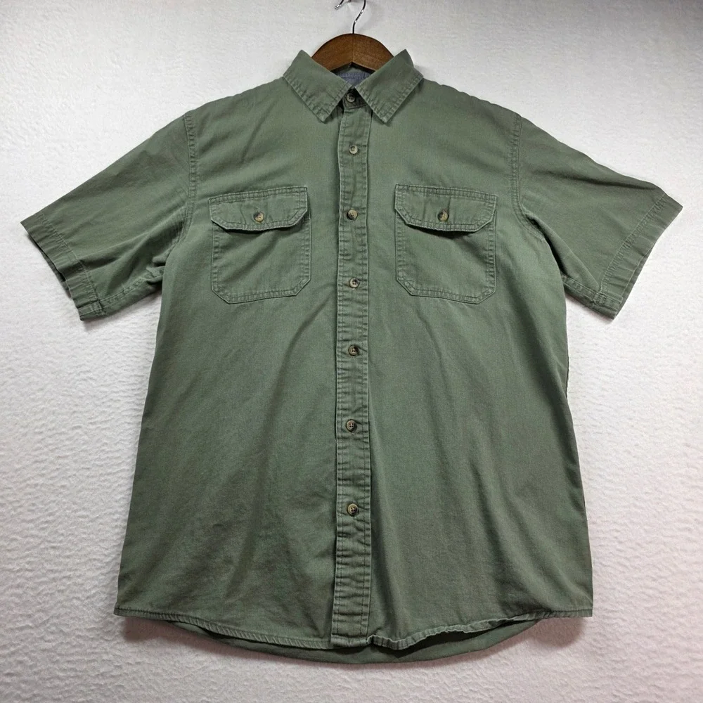 Wrangler Button Front Shirt Mens Small Olive Green Short Sleeve Flex‎ Comfort